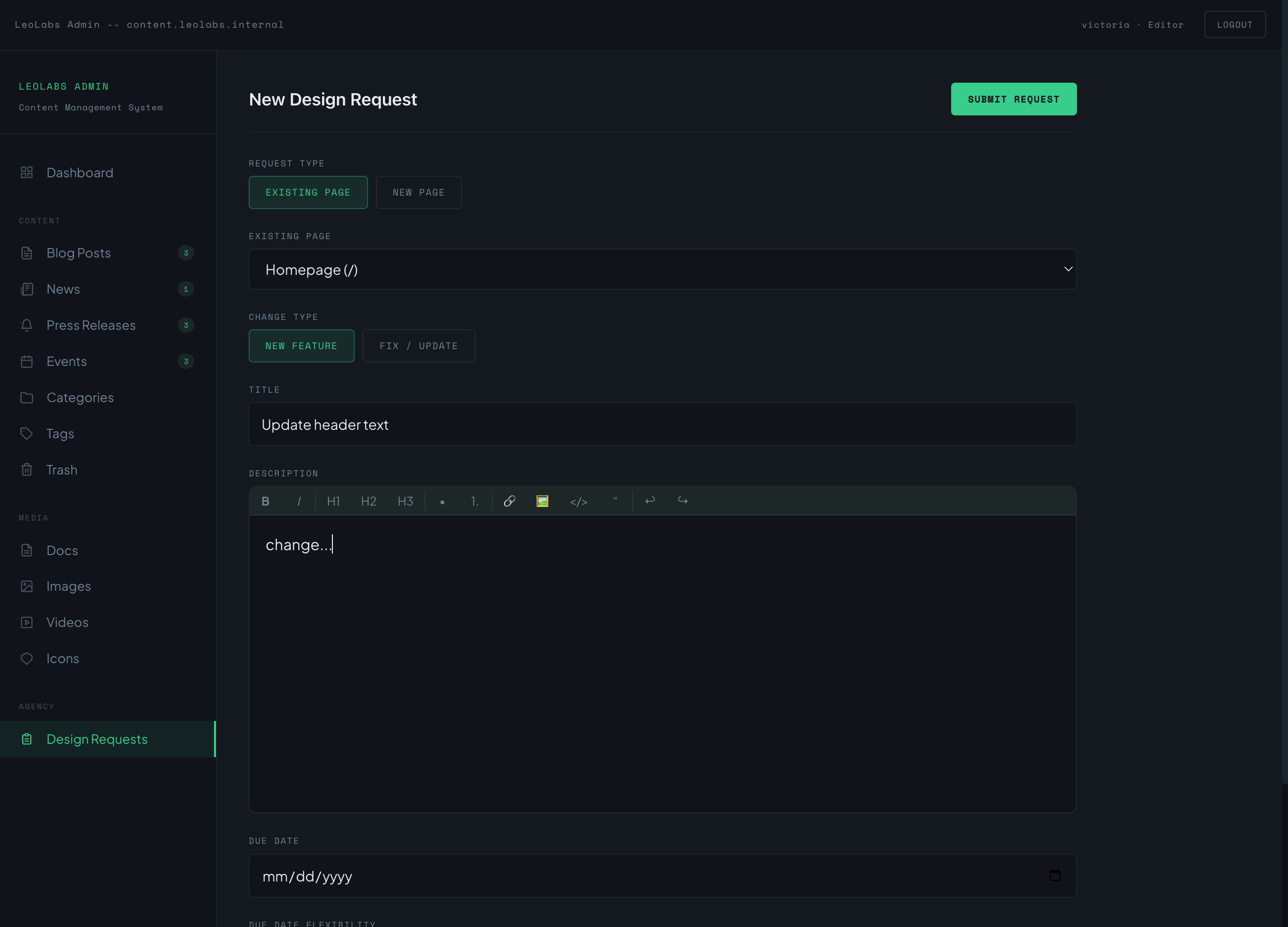 LeoLabs admin panel showing the New Design Request form