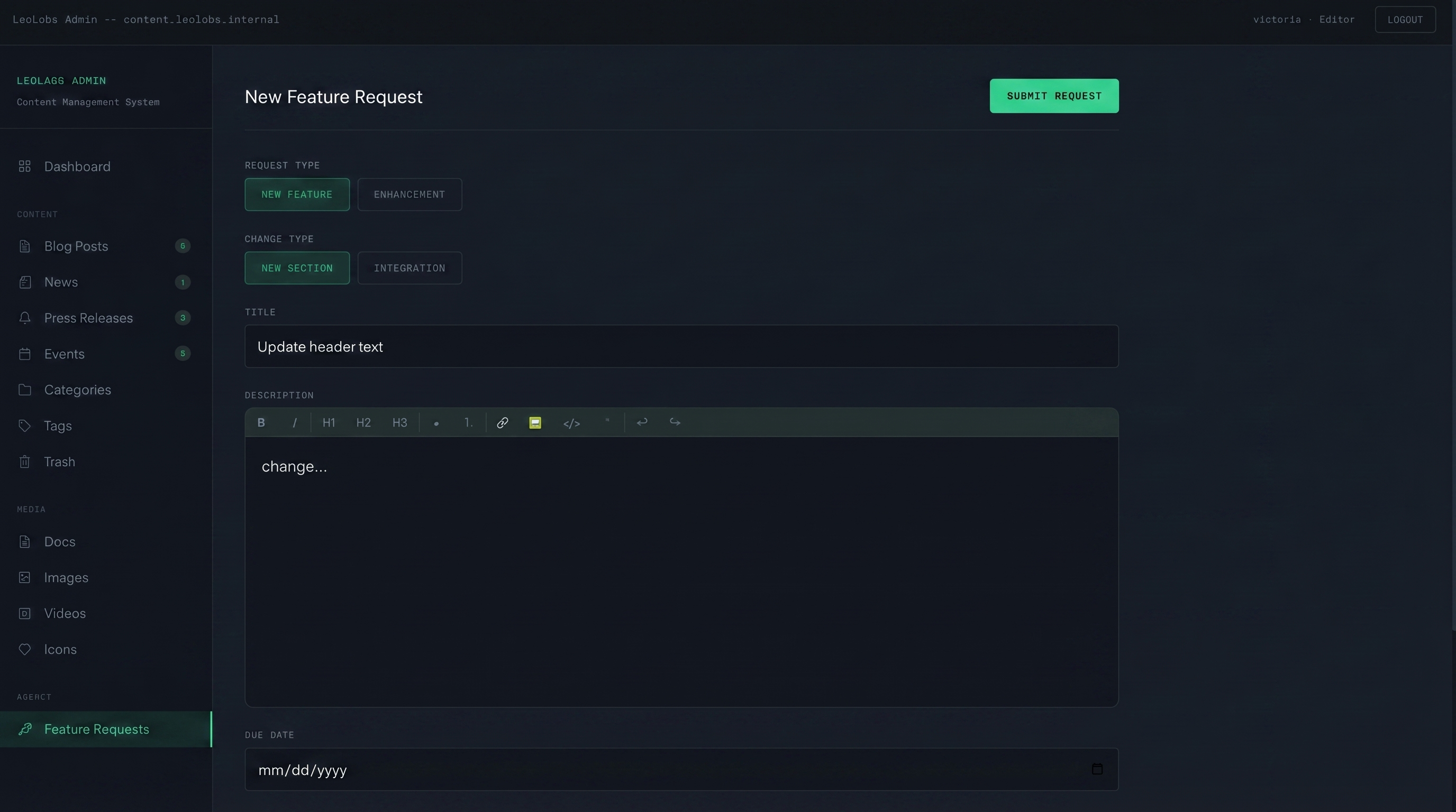 Admin panel feature request form